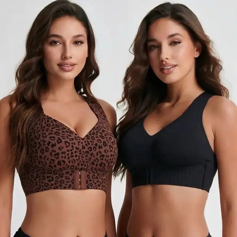 Women'S Wirefree Posture Shaping Sports Bra - Animal Print V-Neck, Breathable Mesh, Removable Pads, Gentle Support, Machine Washable, Workout Bralette, Soft Comfortable Unlined, Push Up, for Yoga & Gym