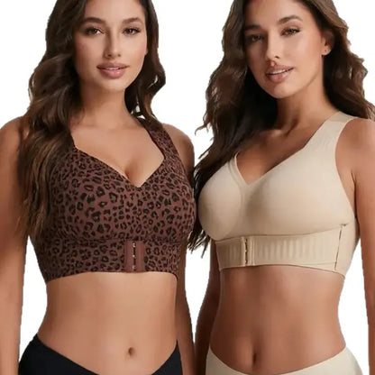 Women'S Wirefree Posture Shaping Sports Bra - Animal Print V-Neck, Breathable Mesh, Removable Pads, Gentle Support, Machine Washable, Workout Bralette, Soft Comfortable Unlined, Push Up, for Yoga & Gym