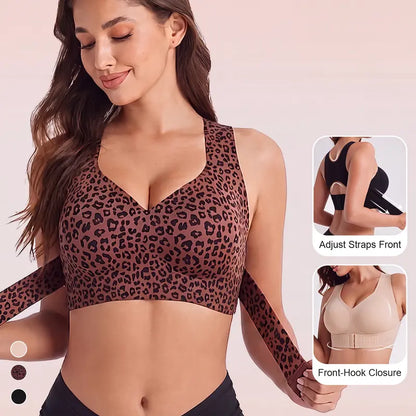 Women'S Wirefree Posture Shaping Sports Bra - Animal Print V-Neck, Breathable Mesh, Removable Pads, Gentle Support, Machine Washable, Workout Bralette, Soft Comfortable Unlined, Push Up, for Yoga & Gym
