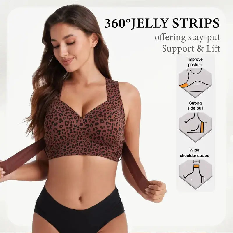 Women'S Wirefree Posture Shaping Sports Bra - Animal Print V-Neck, Breathable Mesh, Removable Pads, Gentle Support, Machine Washable, Workout Bralette, Soft Comfortable Unlined, Push Up, for Yoga & Gym