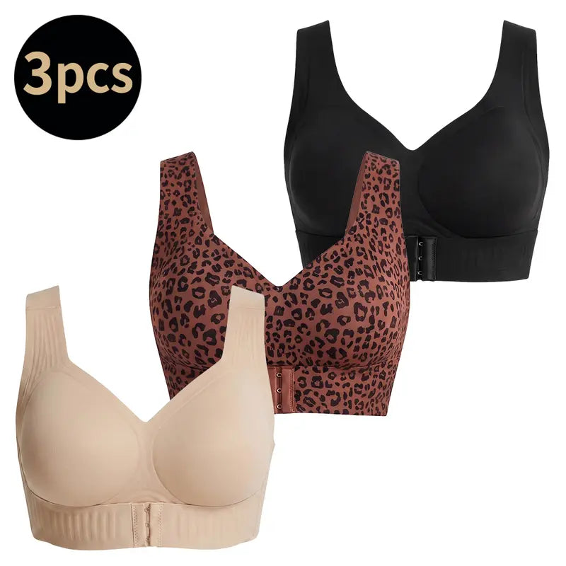 Women'S Wirefree Posture Shaping Sports Bra - Animal Print V-Neck, Breathable Mesh, Removable Pads, Gentle Support, Machine Washable, Workout Bralette, Soft Comfortable Unlined, Push Up, for Yoga & Gym